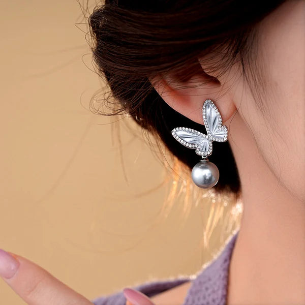 14K Gold-Plated Zircon Butterfly Gray Pearl Earrings
