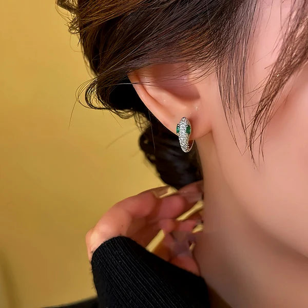 14K Gold-Plated Zircon Green-Eyed Snake Hoop Earrings