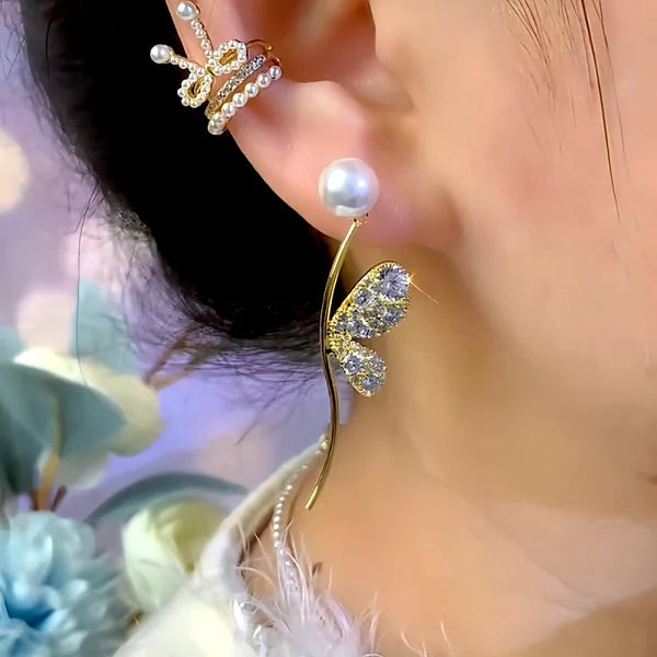 14K Gold-Plated Elegant Zircon Butterfly Wing Pearl Earrings