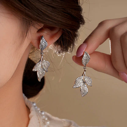 14K Gold-Plated Zircon Leaf Tassel Earrings
