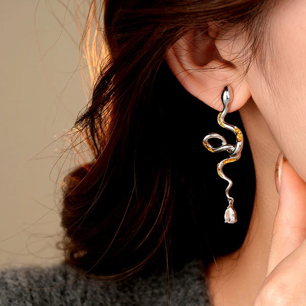 14K Gold-Plated Curved Snake Zircon Water Drop Earrings
