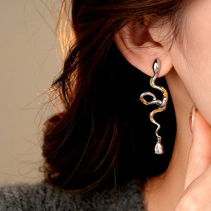 14K Gold-Plated Curved Snake Zircon Water Drop Earrings