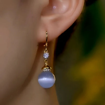 14K Gold-Plated Elegant Zircon Diamond Cat's Eye Stone Bead Earrings