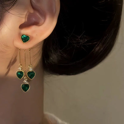 14K Gold-Pated Zircon Green Heart Tassel Earrings