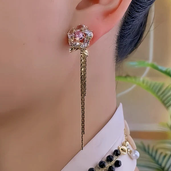 14K Gold-Plated Elegant Zircon Flower Tassel Earrings