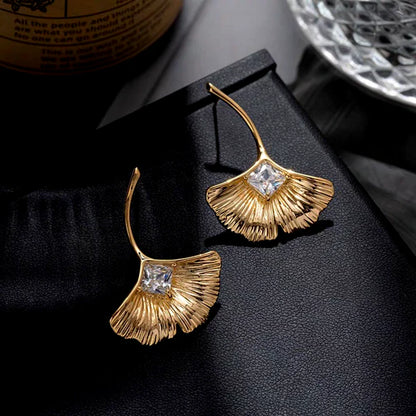 14K Gold-Plated Elegant Zircon Diamond Fan-Shaped Earrings