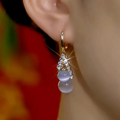 14K Gold-Plated Zircon Cat's Eye Stone Bead Earrings