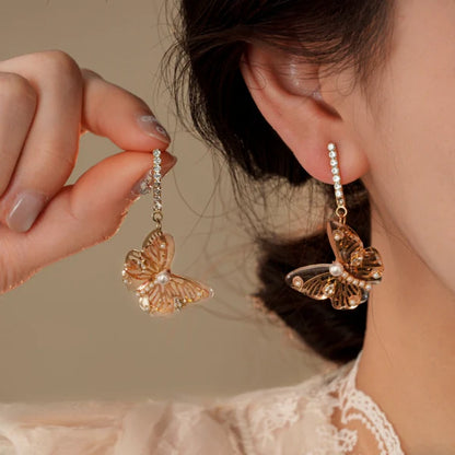 14K Gold-Plated Zircon Butterfly Tassel Earrings