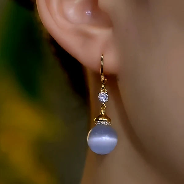 14K Gold-Plated Elegant Zircon Diamond Cat's Eye Stone Bead Earrings