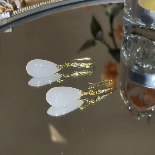 14K Gold-Pated Zircon White Jade Drop Earrings