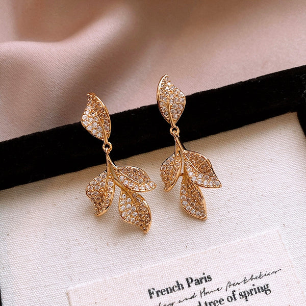 14K Gold-Plated Zircon Leaf Tassel Earrings