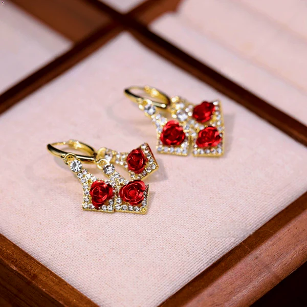 14K Gold-Pated Zircon Rose Tassel Earrings