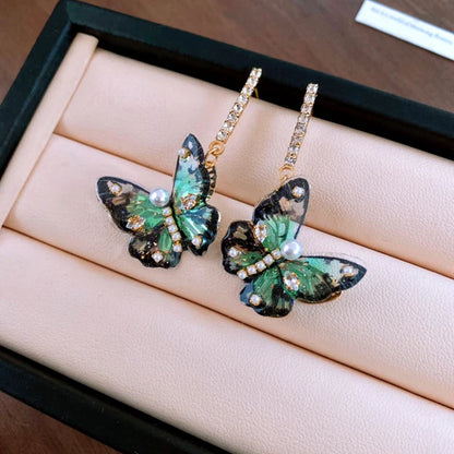 14K Gold-Plated Zircon Butterfly Tassel Earrings