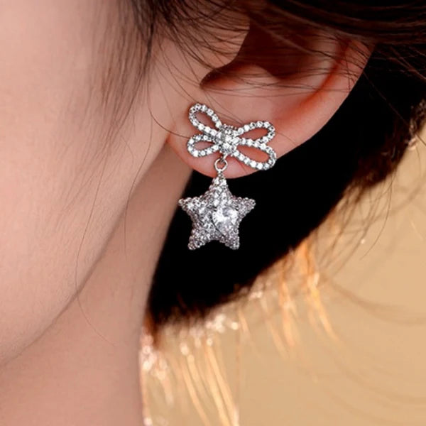 14K Gold-Plated Zircon Butterfly Bow Star Earrings