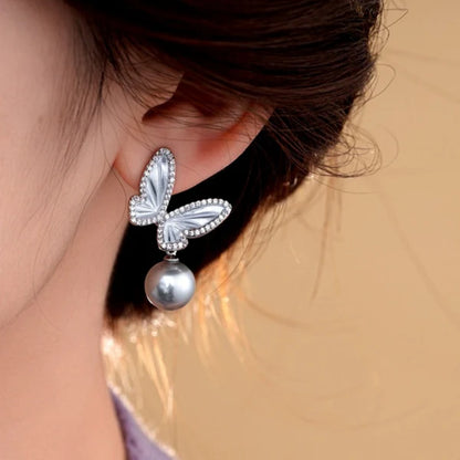 14K Gold-Plated Zircon Butterfly Gray Pearl Earrings