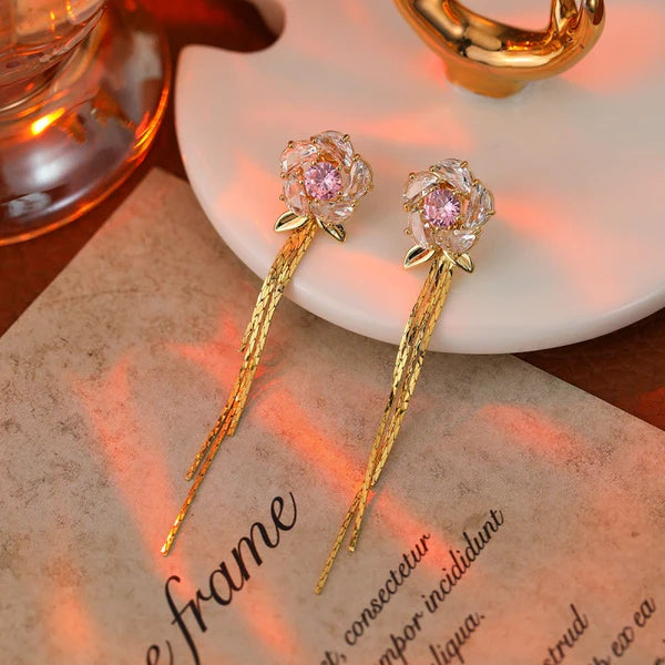 14K Gold-Plated Elegant Zircon Flower Tassel Earrings