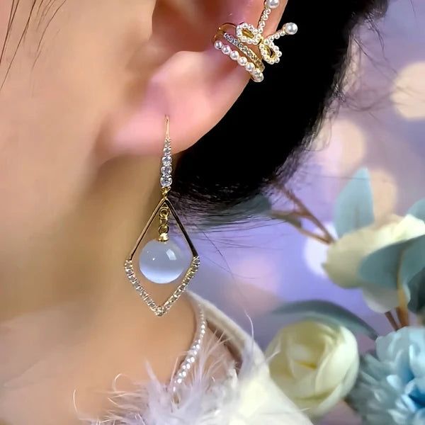 14K Gold-Plated Elegant Zircon Geometric Bead Ear Hook Earrings