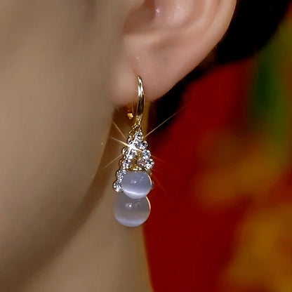 14K Gold-Plated Zircon Cat's Eye Stone Bead Earrings