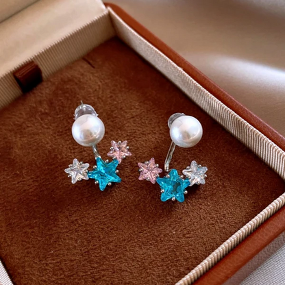 14K Gold-Plated Elegant Zircon Diamond Star Pearl Jacket Earrings And Ear Clips