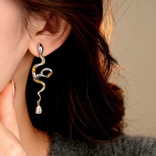 14K Gold-Plated Curved Snake Zircon Water Drop Earrings