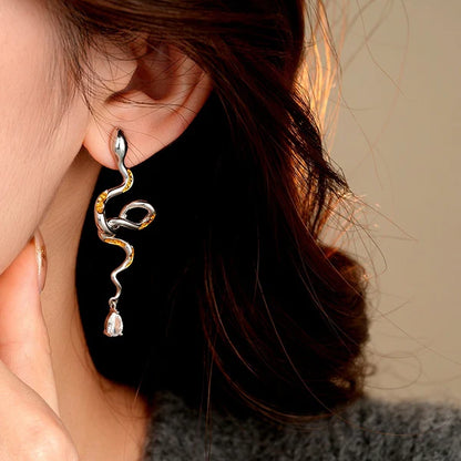14K Gold-Plated Curved Snake Zircon Water Drop Earrings