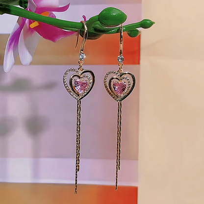 14K Gold-Plated Elegant Zircon Pink Diamond Heart Ear Hook Earrings