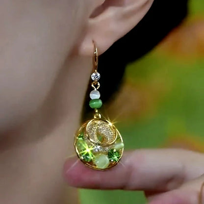 14K Gold-Plated Cat's Eye Stone Green Diamond Mesh Water Drop Ear Hook Earrings