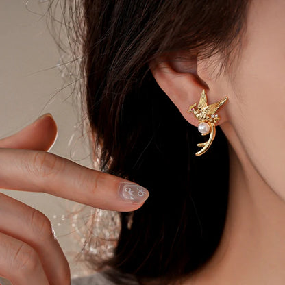 14K Gold-Plated Bird Pearl Stud Earrings