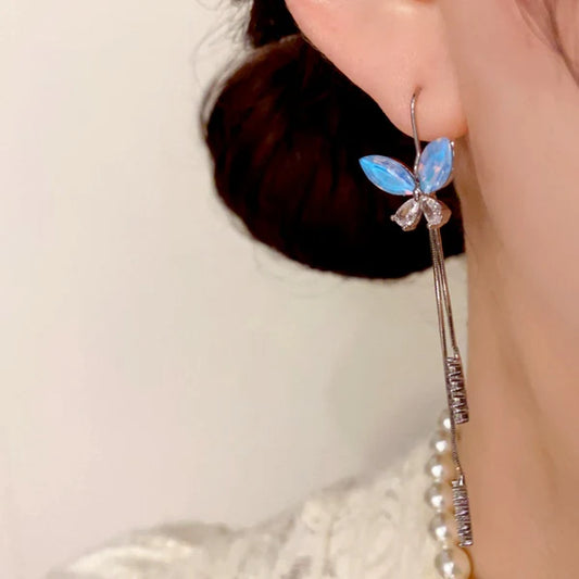 14K Gold-Plated Zircon Blue Butterfly Ear Hook Tassel Earrings