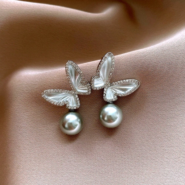 14K Gold-Plated Zircon Butterfly Gray Pearl Earrings