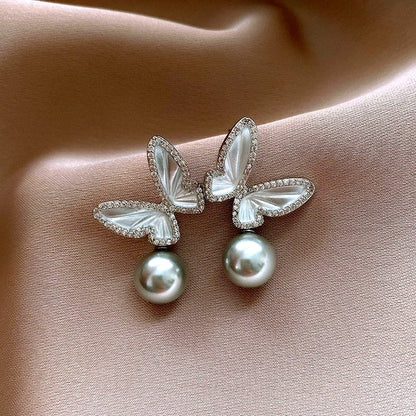 14K Gold-Plated Zircon Butterfly Gray Pearl Earrings
