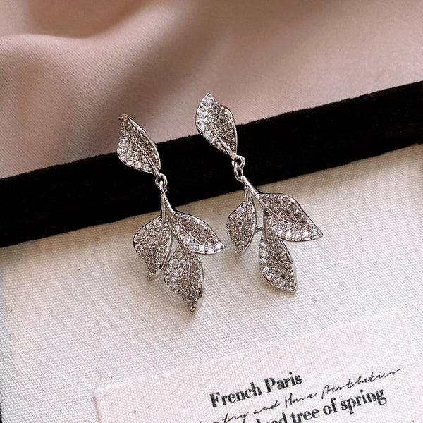 14K Gold-Plated Zircon Leaf Tassel Earrings