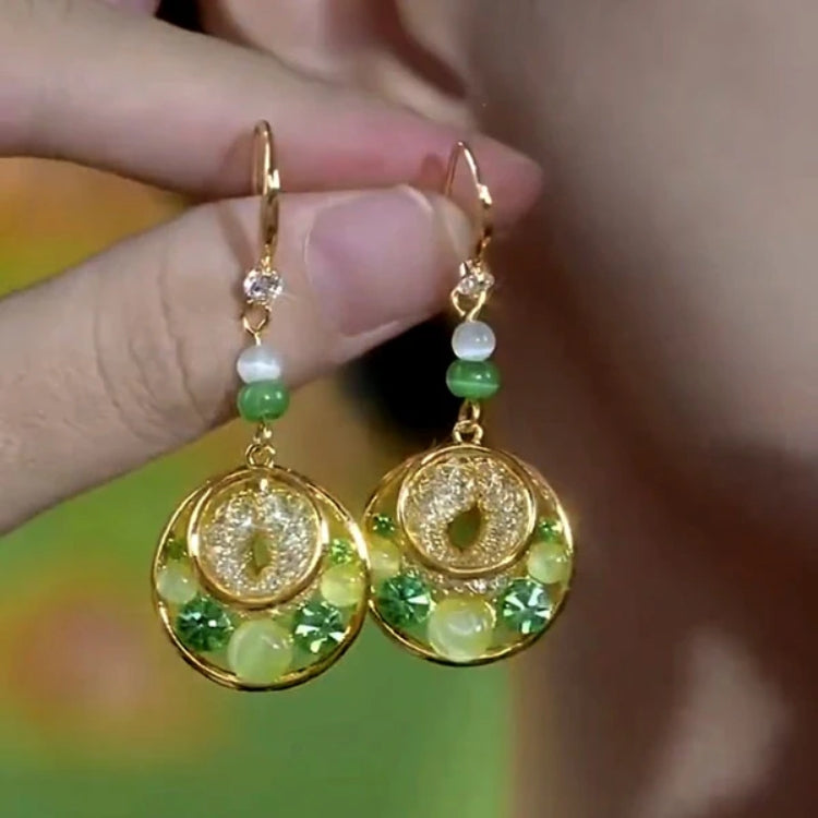 14K Gold-Plated Cat's Eye Stone Green Diamond Mesh Water Drop Ear Hook Earrings
