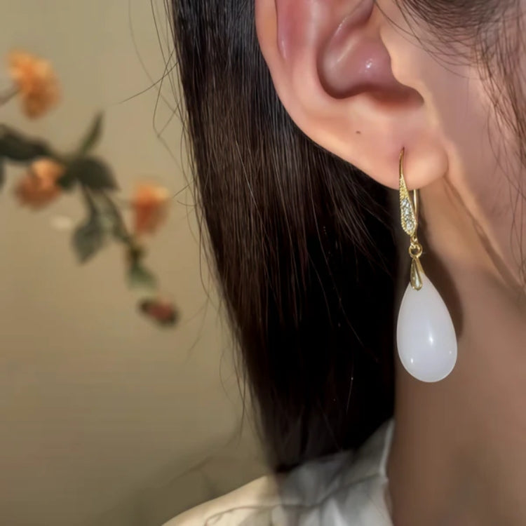 14K Gold-Pated Zircon White Jade Drop Earrings