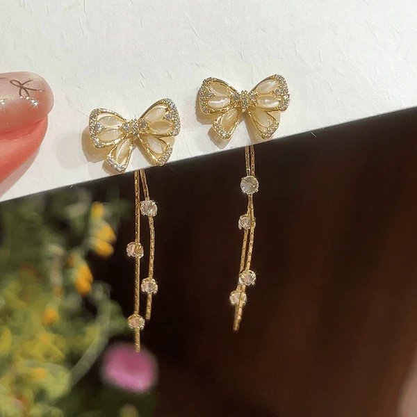 14K Gold-Pated Zircon Bow Tassel Earrings