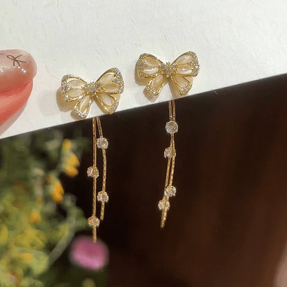 14K Gold-Pated Zircon Bow Tassel Earrings