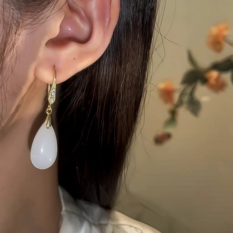 14K Gold-Pated Zircon White Jade Drop Earrings