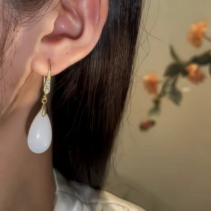 14K Gold-Pated Zircon White Jade Drop Earrings