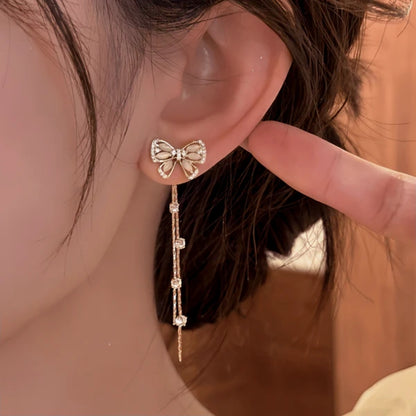 14K Gold-Pated Zircon Bow Tassel Earrings