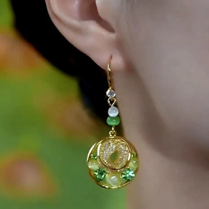 14K Gold-Plated Cat's Eye Stone Green Diamond Mesh Water Drop Ear Hook Earrings