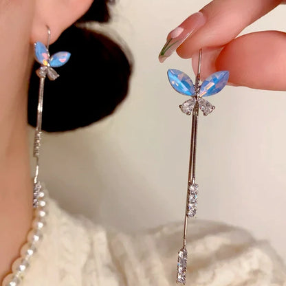14K Gold-Plated Zircon Blue Butterfly Ear Hook Tassel Earrings